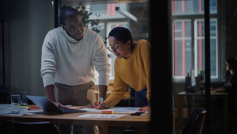 Two Diverse Multiethnic Colleagues Have a Conversation in a Meet